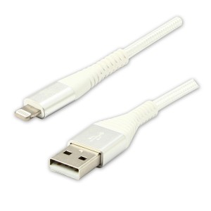 Logo USB kabel (2.0), USB A M - Apple Lightning M, 1m, MFi certifikat, 5V/2,4A, biały, box, oplot nylonowy, aluminiowa osłona złąc