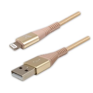 Logo USB kabel (2.0), USB A M - Apple Lightning M, 1m, MFi certifikat, 5V/2,4A, złoty, box, oplot nylonowy, aluminiowa osłona złąc