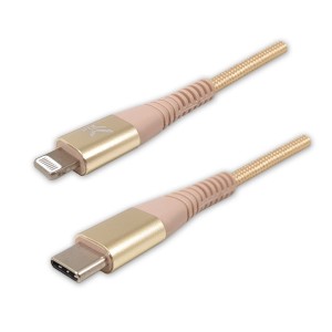 Logo USB kabel (2.0), USB C (M) - Apple Lightning M, 1m, MFi certifikat, 5V/3A, złoty, box, oplot nylonowy, aluminiowa osłona złąc