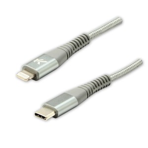 Logo USB kabel (2.0), USB C (M) - Apple Lightning M, 2m, MFi certifikat, 5V/3A, srebrny, box, oplot nylonowy, aluminiowa osłona zł