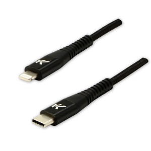 Logo USB kabel (2.0), USB C (M) - Apple Lightning M, 2m, MFi certifikat, 5V/3A, czarny, box, oplot nylonowy, aluminiowa osłona złą