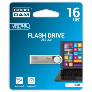 Goodram USB flash disk, USB 2.0, 16GB, UUN2, srebrny, UUN2-0160S0R11, USB A, z oczkiem na brelok