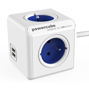 Kabel sieciowy 230V przedłużacz, CEE7 (widelec) - POWERCUBE, 1.5m, EXTENDED USB, niebieski, POWERCUBE, 4 gniazdka + 2 porty USB, z