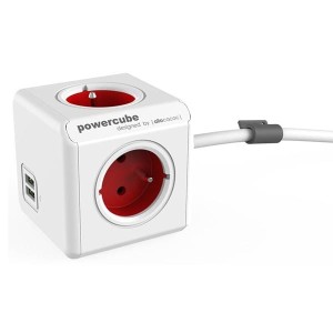 Kabel sieciowy 230V przedłużacz, CEE7 (widelec) - POWERCUBE, 1.5m, EXTENDED USB, czerwony, POWERCUBE, 4 gniazdka + 2 porty USB, za
