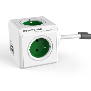 Kabel sieciowy 230V przedłużacz, CEE7 (widelec) - POWERCUBE, 1.5m, EXTENDED USB, zielony, POWERCUBE, 4 gniazdka + 2 porty USB, zab