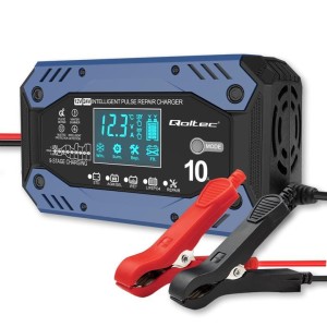 Ładowarka inteligentna Qoltec do akumulatora STD AGM GEL LiFePO4 | Prostownik z funkcją naprawy | 12-24V | 10A | LCD | 9-stopniowe ładowanie