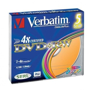 Verbatim DVD+RW, Colour, 43297, 4.7GB, 4x, slim box, 5-pack, bez możliwości nadruku, 12cm, do archiwizacji danych