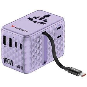 Verbatim, Uniwersalny adapter podróżny Charge ,n, Travel 2x USB-C, 2X USB-A + 1x zintegrowany kabel USB-C, fioletowy, 100 W