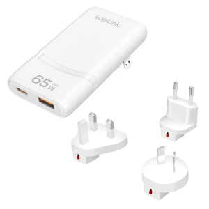 Ładowarka sieciowa podróżna LogiLink PA0376 USB GaN, 65 W, 1x USB-C (PD), 1x USB-A (QC), biała
