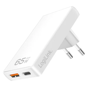 Ładowarka sieciowa LogiLink PA0368 USB GaN, 65 W, 1x USB-C (PD), 1x USB-A (QC), biała