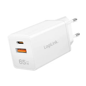 Ładowarka sieciowa LogiLink PA0371 USB GaN, 65 W, 1x USB-C (PD), 1x USB-A (QC), biała