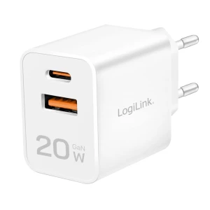Ładowarka sieciowa LogiLink PA0369 USB GaN, 20 W, 1x USB-C (PD), 1x USB-A, biała