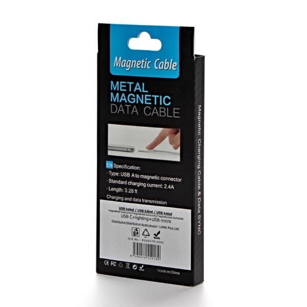 Magnetyczny klabel USB (2.0), USB A M- magnetické koncovky (typ C+lightning+microUSB), 1m, przewód okrągły w oplocie, srebrny