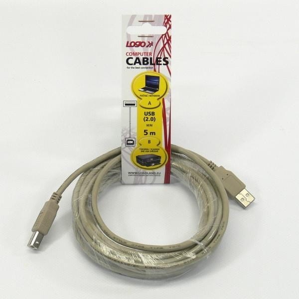 Kabel USB (2.0), USB A M- USB B M, 5m, szary, Logo