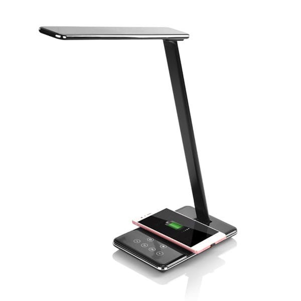 Lampka LED z ładowarką indukcyjną stmívatelná, czarna, 5V/9V, micro USB, Wyjście USB, adapter QC, Qi