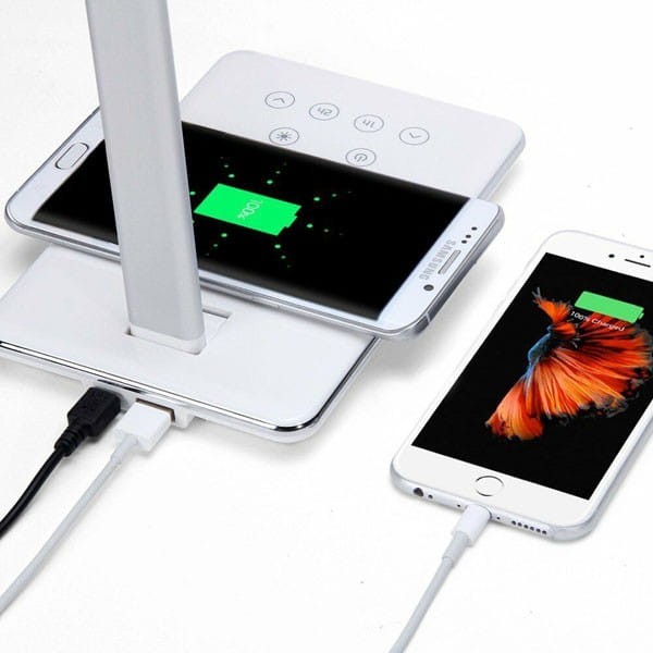 Lampka LED z ładowarką indukcyjną stmívatelná, czarna, 5V/9V, micro USB, Wyjście USB, adapter QC, Qi