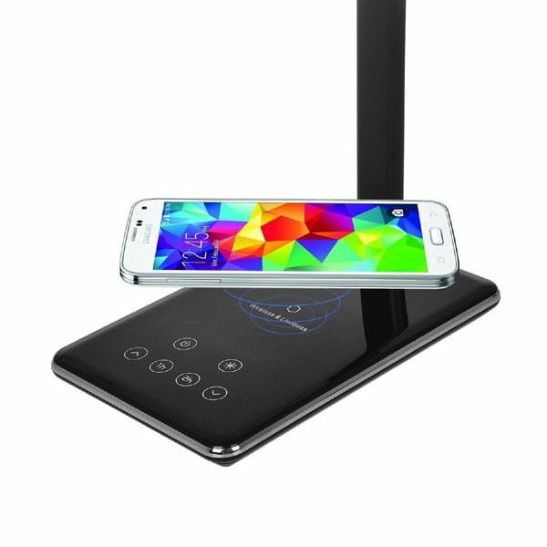 Lampka LED z ładowarką indukcyjną stmívatelná, czarna, 5V/9V, micro USB, Wyjście USB, adapter QC, Qi