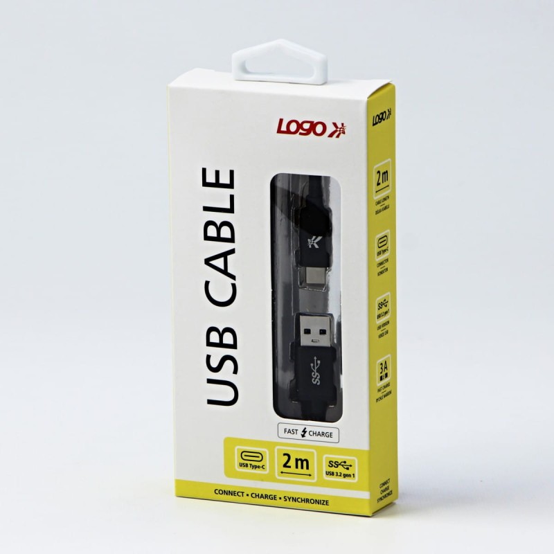 Kabel USB (3.2 gen 1), USB A M- USB C M, 2m, 5 Gb/s, 5V/3A, czarny, Logo, box, oplot nylonowy, aluminiowa osłona złącza