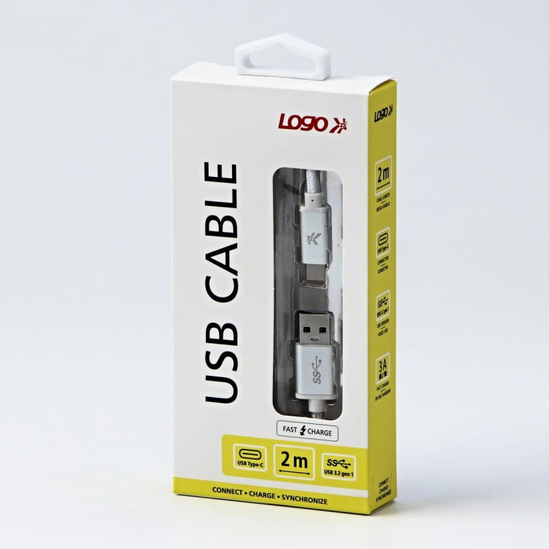 Kabel USB (3.2 gen 1), USB A M- USB C M, 2m, 5 Gb/s, 5V/3A, biały, Logo, box, oplot nylonowy, aluminiowa osłona złącza