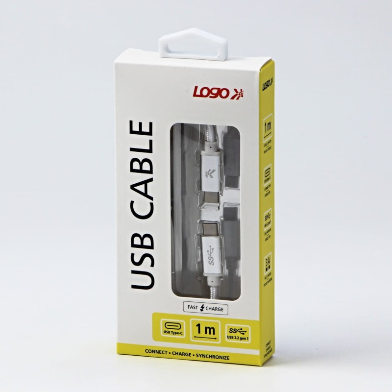 Kabel USB (3.2 gen 1), USB C M- USB C M, 1m, 5 Gb/s, 5V/3A, biały, Logo, box, oplot nylonowy, aluminiowa osłona złącza