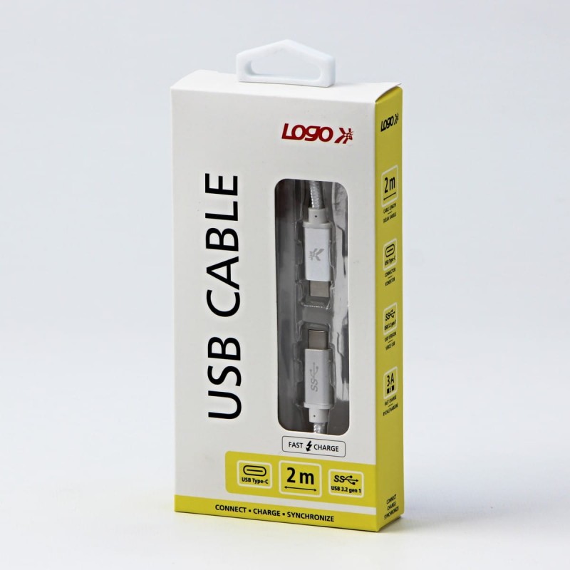 Kabel USB (3.2 gen 1), USB C M- USB C M, 2m, 5 Gb/s, 5V/3A, biały, Logo, box, oplot nylonowy, aluminiowa osłona złącza