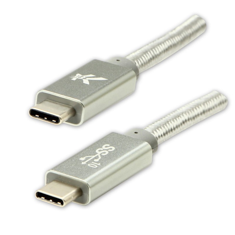 Kabel USB (3.2 gen 2), USB C M- USB C M, 1m, Power Delivery 100W, 10 Gb/s, 20V/5A, srebrny, Logo, box, oplot nylonowy, aluminiowa
