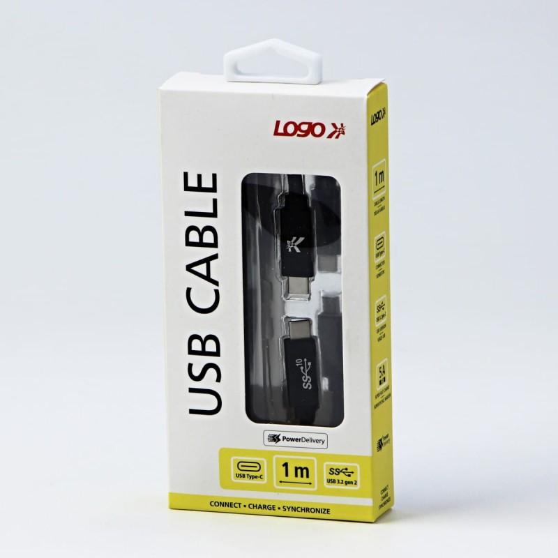 Kabel USB (3.2 gen 2), USB C M- USB C M, 1m, Power Delivery 100W, 10 Gb/s, 20V/5A, czarny, Logo, box, oplot nylonowy, aluminiowa o