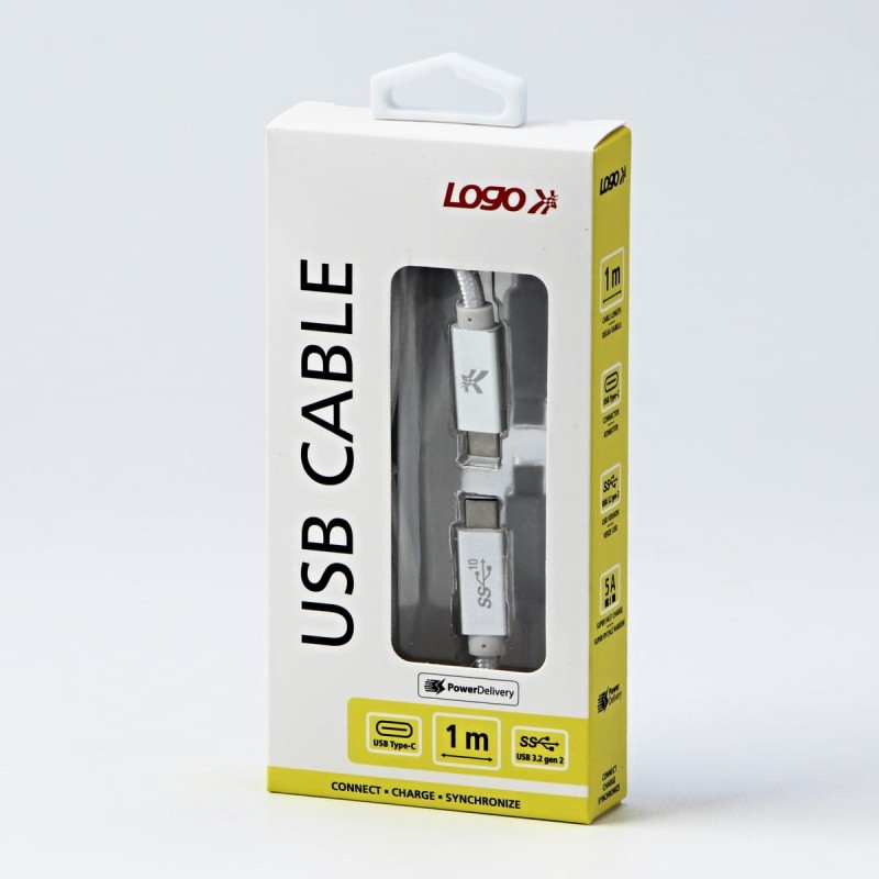 Kabel USB (3.2 gen 2), USB C M- USB C M, 1m, Power Delivery 100W, 10 Gb/s, 20V/5A, biały, Logo, box, oplot nylonowy, aluminiowa os