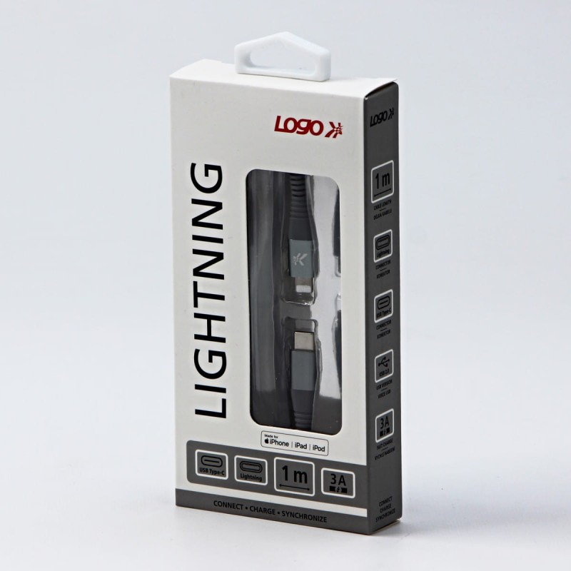 Kabel USB (2.0), USB C M- Apple Lightning M, 1m, MFi certifikat, 5V/3A, srebrny, Logo, box, oplot nylonowy, aluminiowa osłona złąc