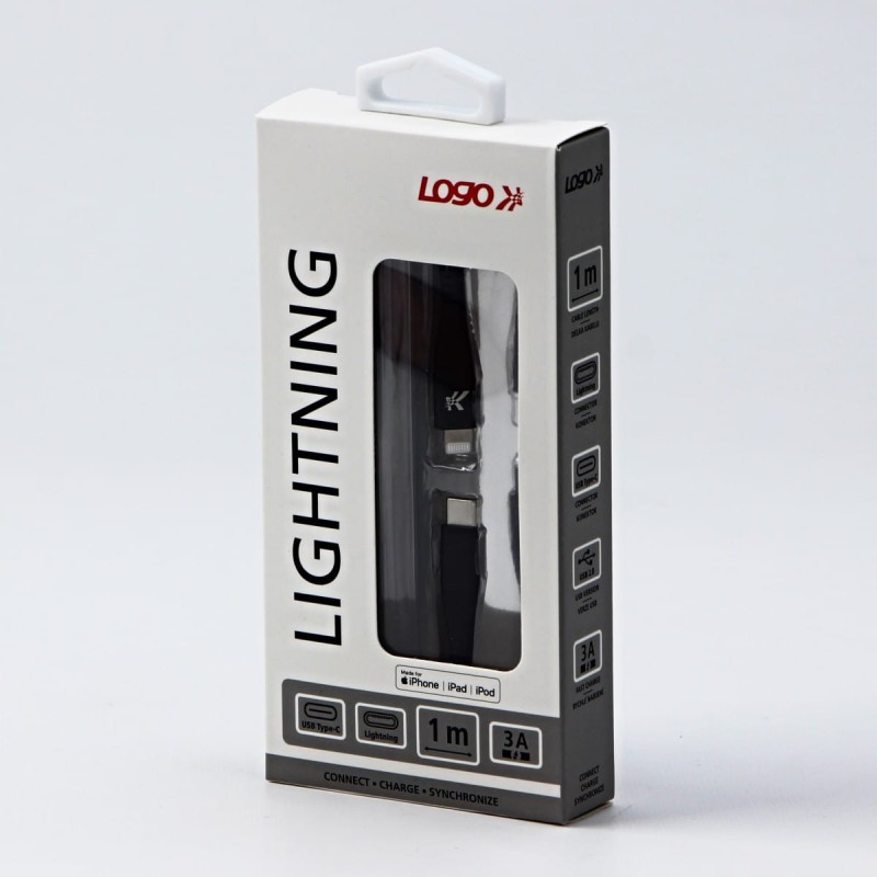 Kabel USB (2.0), USB C M- Apple Lightning M, 1m, MFi certifikat, 5V/3A, czarny, Logo, box, oplot nylonowy, aluminiowa osłona złącz