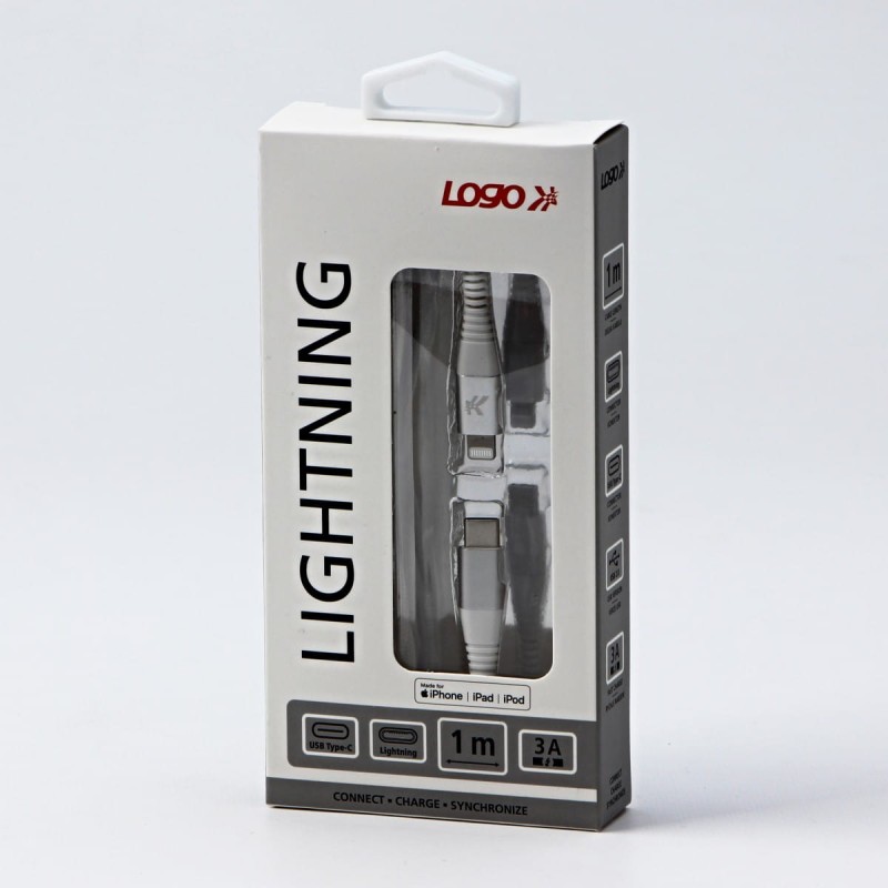 Kabel USB (2.0), USB C M- Apple Lightning M, 1m, MFi certifikat, 5V/3A, biały, Logo, box, oplot nylonowy, aluminiowa osłona złącza