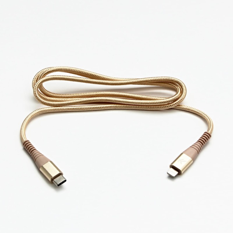 Kabel USB (2.0), USB C M- Apple Lightning M, 1m, MFi certifikat, 5V/3A, złoty, Logo, box, oplot nylonowy, aluminiowa osłona złącza
