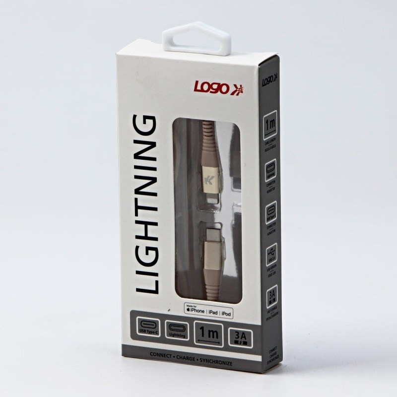 Kabel USB (2.0), USB C M- Apple Lightning M, 1m, MFi certifikat, 5V/3A, złoty, Logo, box, oplot nylonowy, aluminiowa osłona złącza