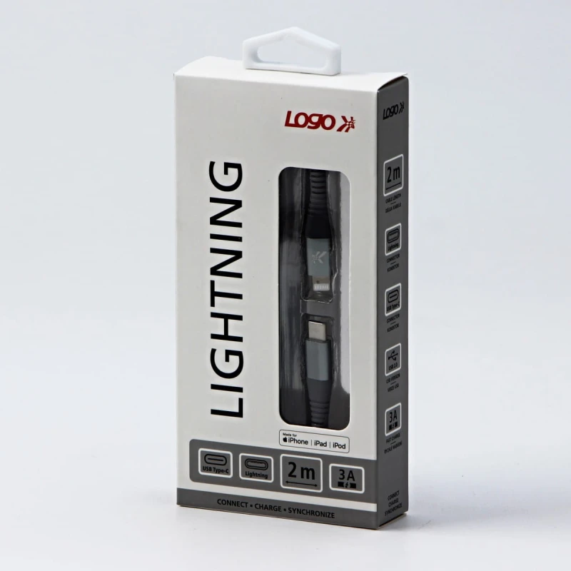 Kabel USB (2.0), USB C M- Apple Lightning M, 2m, MFi certifikat, 5V/3A, srebrny, Logo, box, oplot nylonowy, aluminiowa osłona złąc