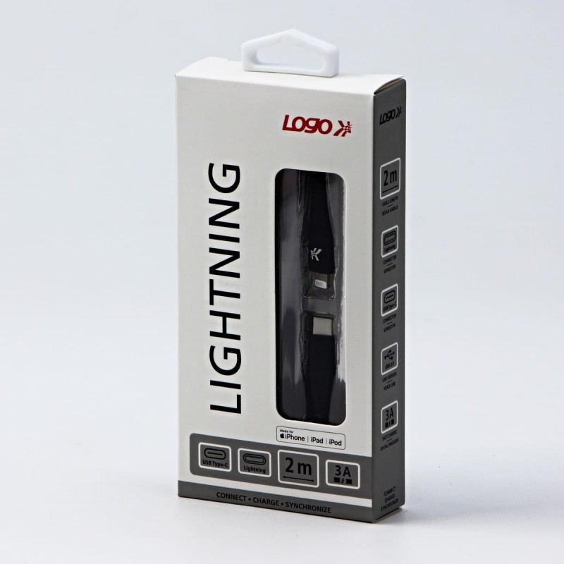 Kabel USB (2.0), USB C M- Apple Lightning M, 2m, MFi certifikat, 5V/3A, czarny, Logo, box, oplot nylonowy, aluminiowa osłona złącz