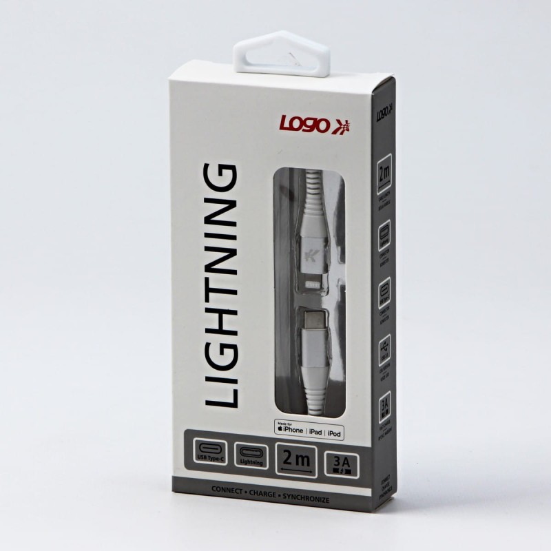 Kabel USB (2.0), USB C M- Apple Lightning M, 2m, MFi certifikat, 5V/3A, biały, Logo, box, oplot nylonowy, aluminiowa osłona złącza