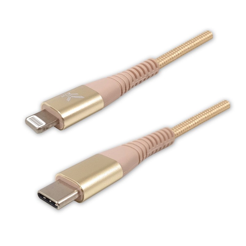 Kabel USB (2.0), USB C M- Apple Lightning M, 2m, MFi certifikat, 5V/3A, złoty, Logo, box, oplot nylonowy, aluminiowa osłona złącza