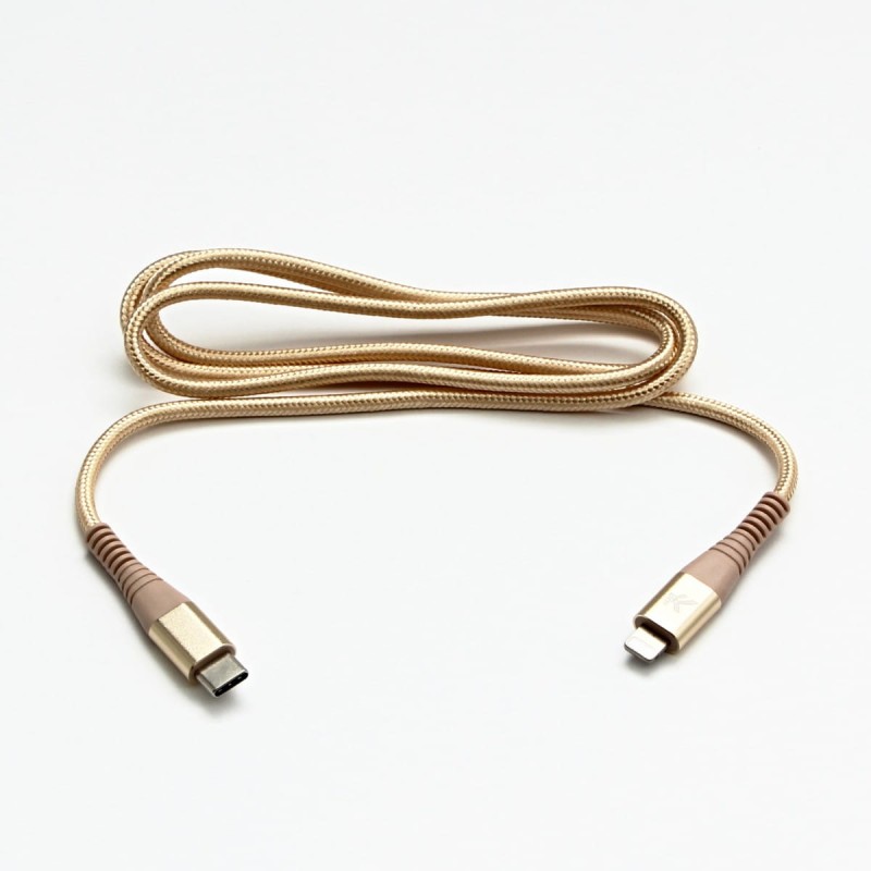 Kabel USB (2.0), USB C M- Apple Lightning M, 2m, MFi certifikat, 5V/3A, złoty, Logo, box, oplot nylonowy, aluminiowa osłona złącza