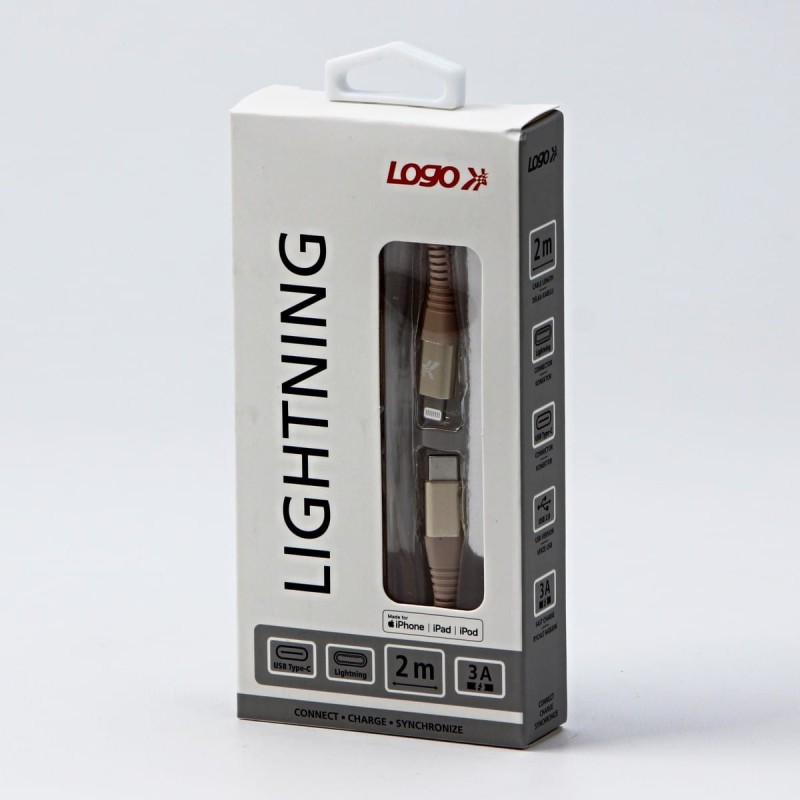 Kabel USB (2.0), USB C M- Apple Lightning M, 2m, MFi certifikat, 5V/3A, złoty, Logo, box, oplot nylonowy, aluminiowa osłona złącza