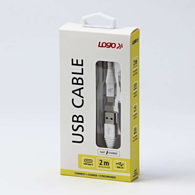 Kabel USB (2.0), USB A M- USB C M, 2m, 480 Mb/s, 5V/3A, biały, Logo, box, oplot nylonowy, aluminiowa osłona złącza