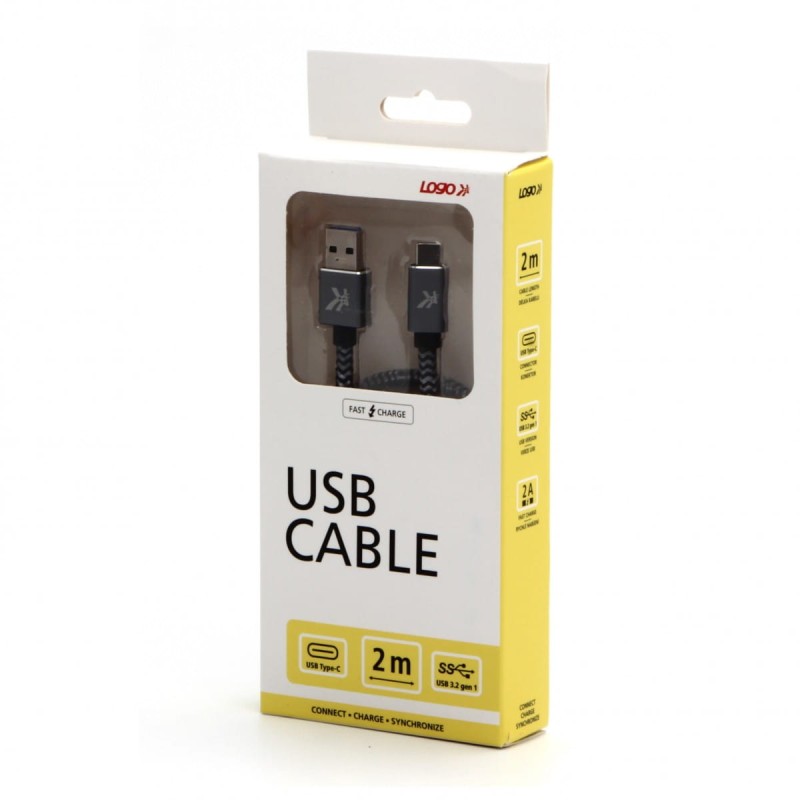 Kabel USB (3.2 gen 1), USB A M- USB C M, 2m, 5 Gb/s, 5V/2A, szary, Logo, box, metalowy oplot, aluminiowa osłona złącza