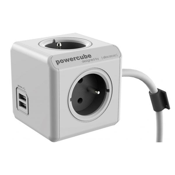 Kabel sieciowy 230V przedłużacz, CEE7 (widelec)-POWERCUBE, 3m, EXTENDED USB, szary, POWERCUBE, 4 zásuvky, dětské pojistky