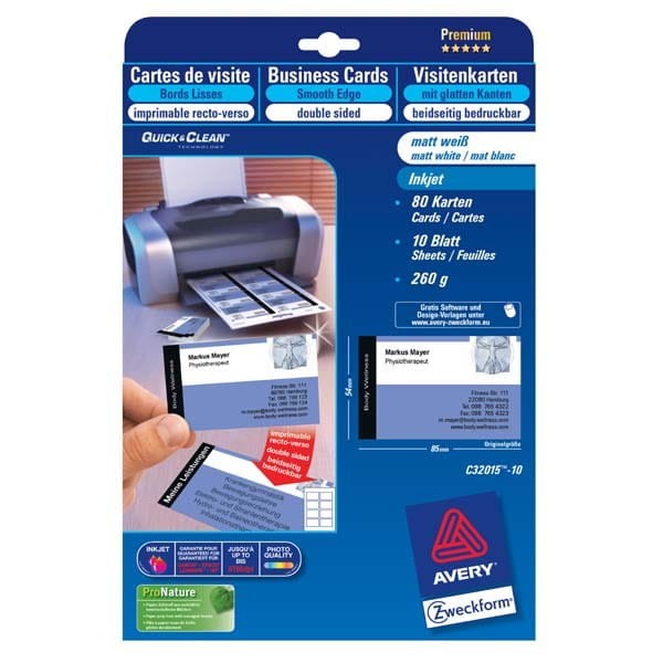 Avery Zweckform wizytówki, z gładka krawędzią, 8 szt./A4, dwustronny typ matowe, białe, A4, 260 g/m2, 85x54mm, 10 arkusza, do druk