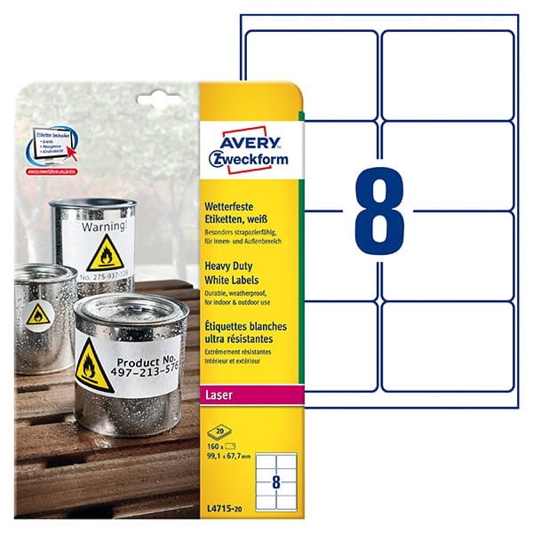 Avery Zweckform etykiety 99.1mm x 67.7mm, A4, matowe, białe, 8 etykiety, bardzo trwałe, pakowany po 20 szt., L4715-20, do drukarek