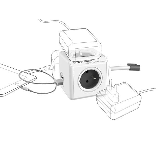 Kabel sieciowy 230V przedłużacz, CEE7 (widelec)-POWERCUBE, 1.5m, EXTENDED USB, czerwony, POWERCUBE, 4 zásuvky, 2xUSB port,dětská p