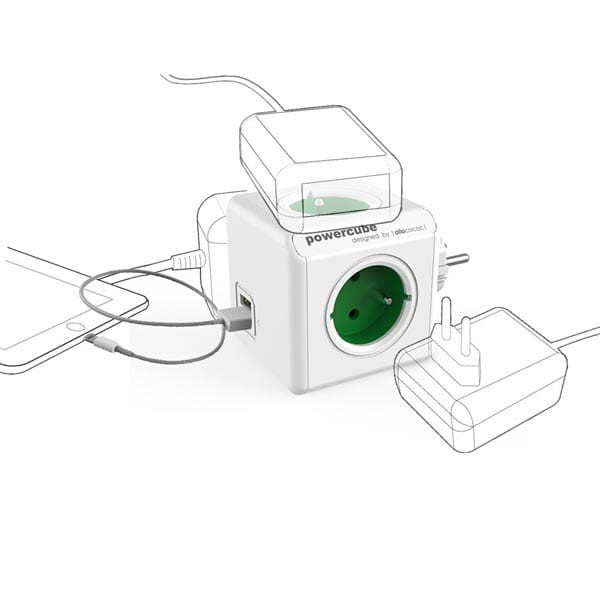 Listwa zasilająca 240V, CEE7 (widelec)-POWERCUBE, 0.1m, ORIGINAL USB, zielona, POWERCUBE, 4 zásuvky, 2xUSB porty
