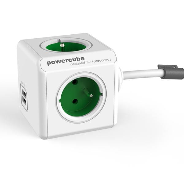 Kabel sieciowy 230V przedłużacz, CEE7 (widelec)-POWERCUBE, 1.5m, EXTENDED USB, zielony, POWERCUBE, 4 zásuvky, 2xUSB port,dětská po