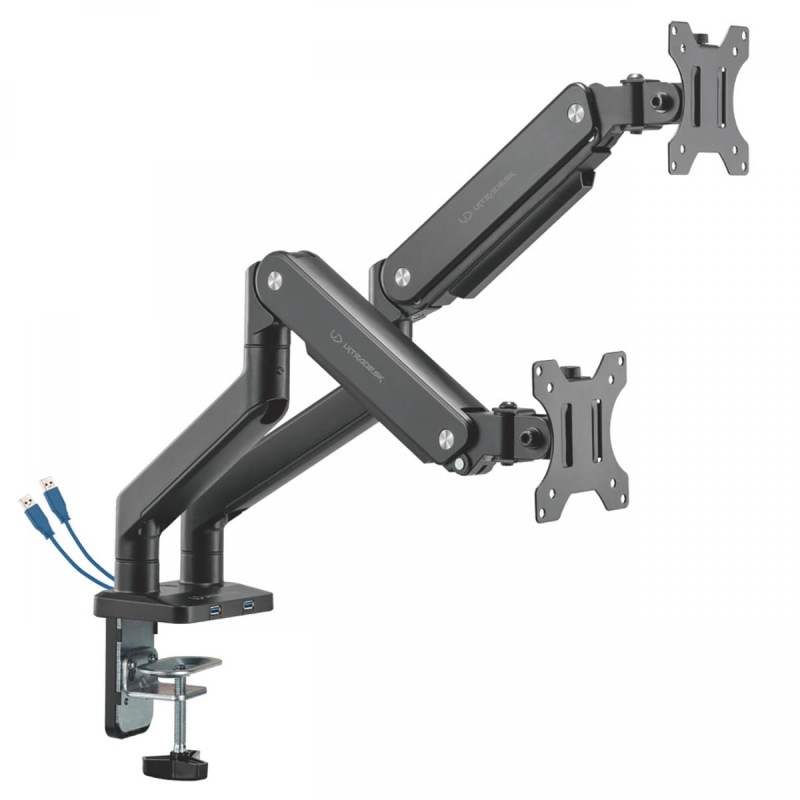 Regulowany uchwyt ULTRADESK na 2 monitory, mocowanie na zacisk, 17"-32", 75x75/100x100, czarny