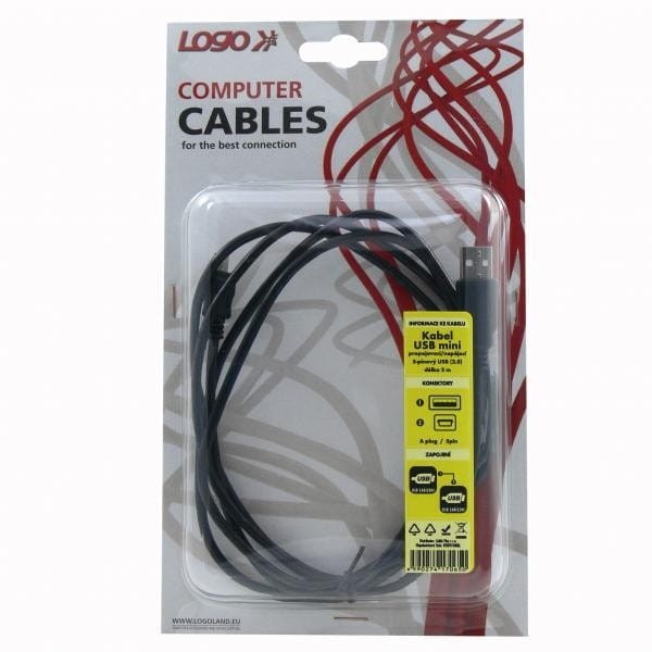 Kabel USB (2.0), USB A M- USB mini M (5 pin), 2m, czarny, Logo, blistr
