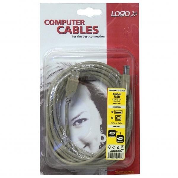 Kabel USB (2.0), USB A M- USB B M, 5m, szary, Logo, blistr